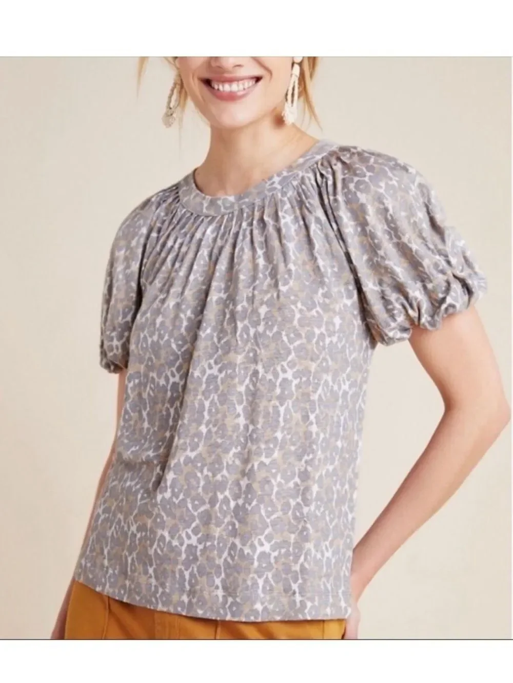 Anthropologie S Maeve Linen Puff Sleeve Leopard Top